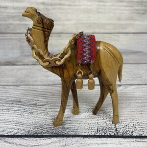 Vintage Hand Carved Olive Wood Camel Figurine Fabric Saddle
